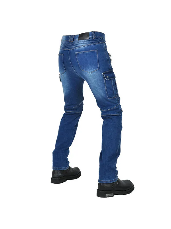 Men’s Slim-Fit Winter Motorcycle Jeans with Fleece Lining and Blue Silicone Knee & Hip Protectors