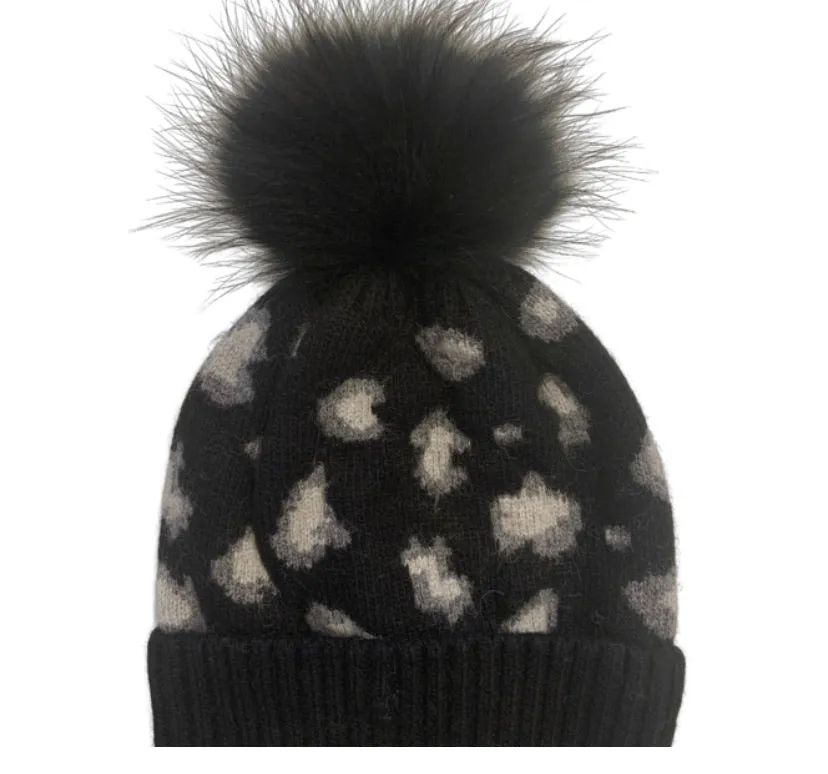 PNYC FAUX POM POM LEOPARD BEANIE