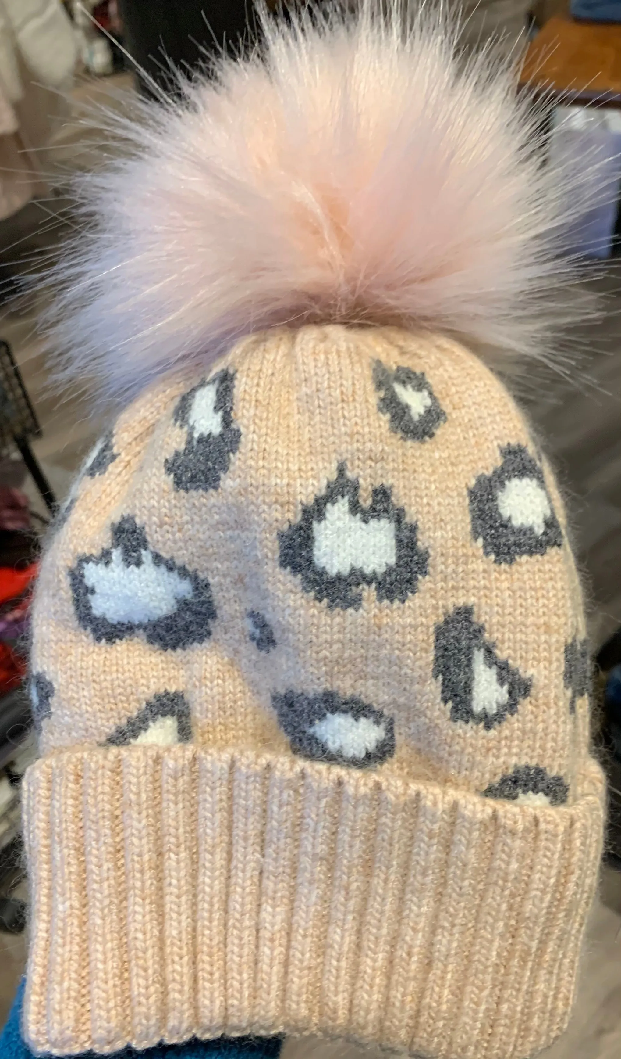 PNYC FAUX POM POM LEOPARD BEANIE